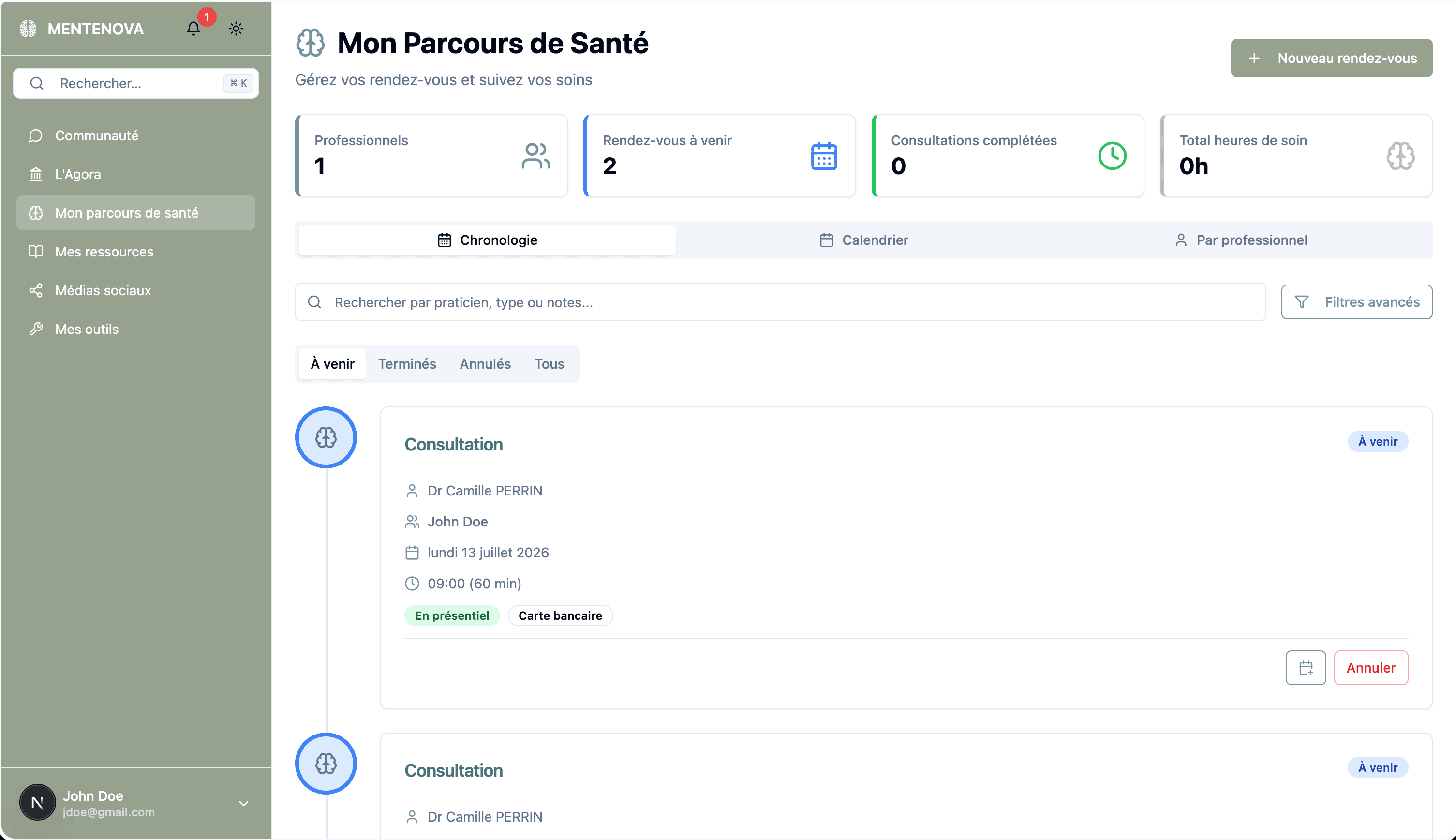 Tableau de bord MenteNova pour particuliers