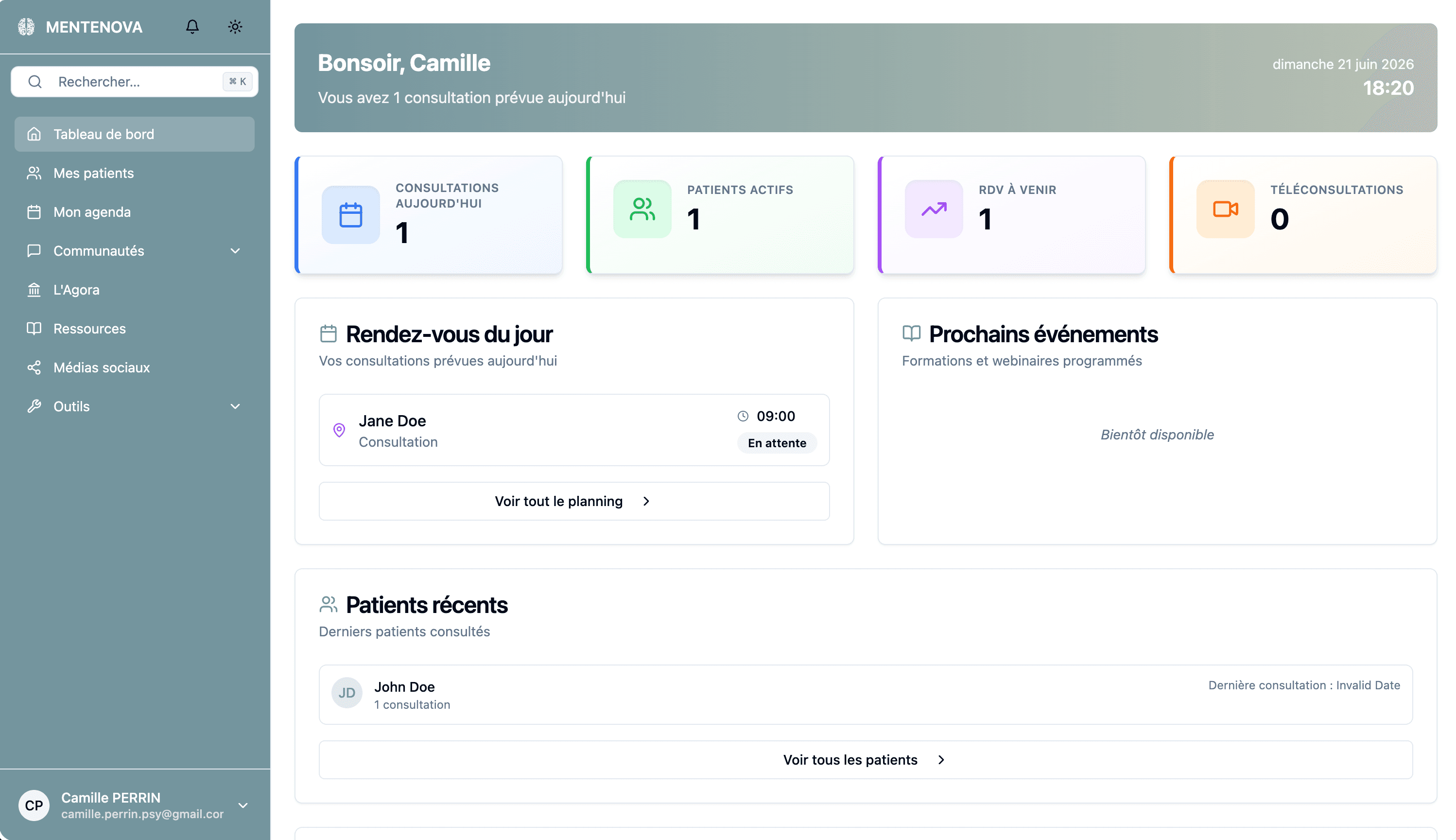 Tableau de bord MenteNova pour professionnels